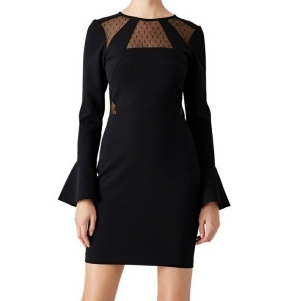 Parker Black Swiss Dot Mesh Bell Sleeve Mini Sheath Dress Coquette Date Night L